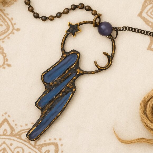 Boho Chic Kyanite & Amethyst Crescent Moon Star Pendant Vintage Necklace ๐โจ - Picture 5 of 12